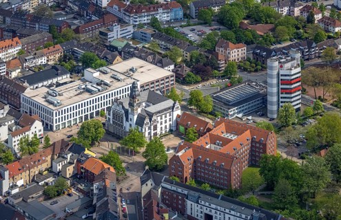 Aerial view, City Hall Gladbeck, Sparkasse Tower, Hoch10 office building, Viktoria-Quartier, city