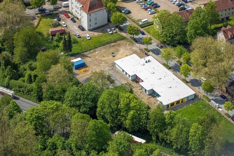 Aerial view, construction site day care centre new building Uhlandstraße, Gladbeck, Ruhr area,
