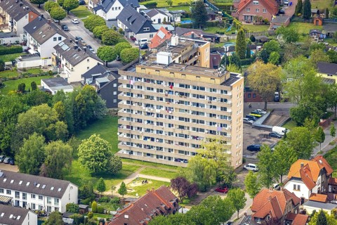 Aerial photo, high-rise building Steinstraße 72, Butendorf, Gladbeck, Ruhr area, North