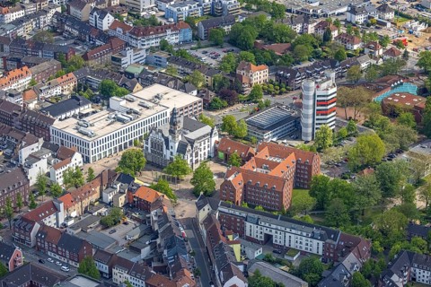 Aerial view, City Hall Gladbeck, Sparkasse Tower, Hoch10 office building, Viktoria-Quartier, city