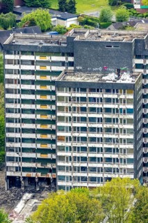 Aerial view, planned demolition high-rise business centre Rentfort-Nord, Schwechater Straße,