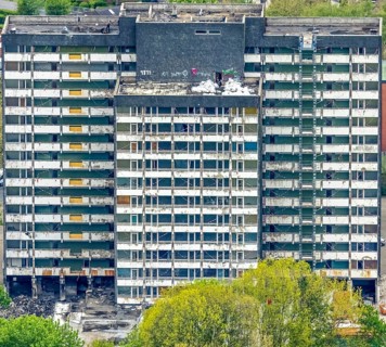 Aerial view, planned demolition high-rise business centre Rentfort-Nord, Schwechater Straße,