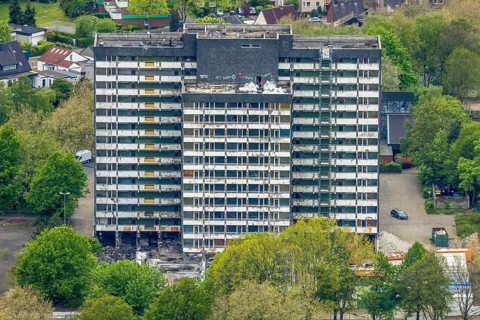 Aerial view, planned demolition high-rise business centre Rentfort-Nord, Schwechater Straße,