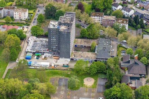 Aerial view, planned demolition high-rise business centre Rentfort-Nord, Schwechater Straße,