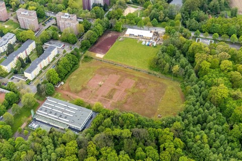 Aerial view, construction site and new building of modular kindergarten at Berliner Straße,