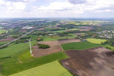 Aerial view, wind turbines meadows and fields, Kirchhellen-Süd, Bottrop, Ruhr area, North