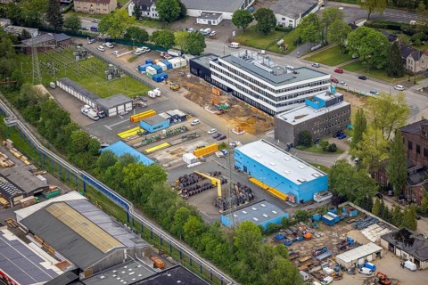 Aerial view, construction site and new building administration building of Emscher Lippe Energie