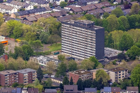 Aerial view, planned demolition high-rise business centre Rentfort-Nord, Schwechater Straße,