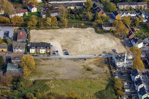 Aerial view, construction site after demolition of the furniture store Tacke and mosque