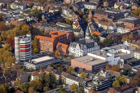 Aerial view, City Hall and Stadtsparkasse Gladbeck high-rise building in Gladbeck, Ruhr area, North
