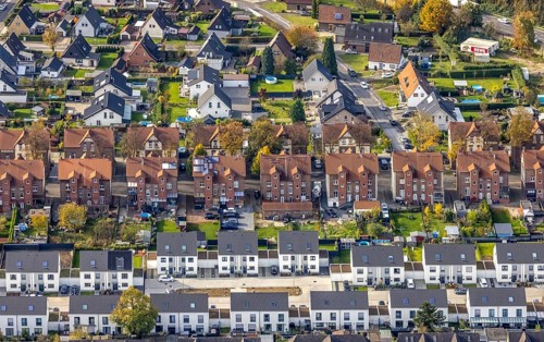 Aerial view, housing estates from three different eras: Colliery housing estate, detached houses