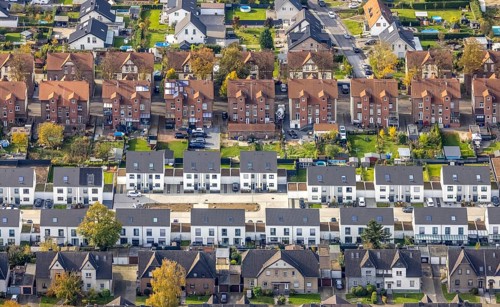 Aerial view, housing estates from three different eras: Colliery housing estate, detached houses