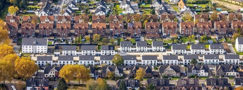 Aerial view, housing estates from three different eras: Colliery housing estate, detached houses