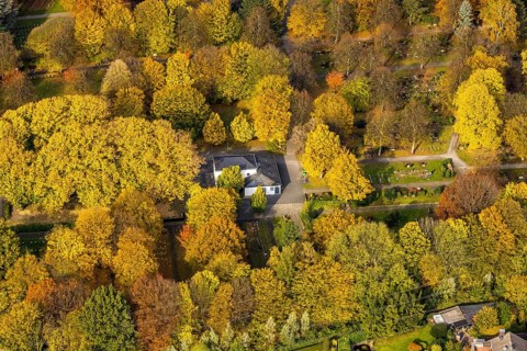 Aerial view, autumn colours at Brauck cemetery in the Brauck district of Gladbeck, Ruhr area, North