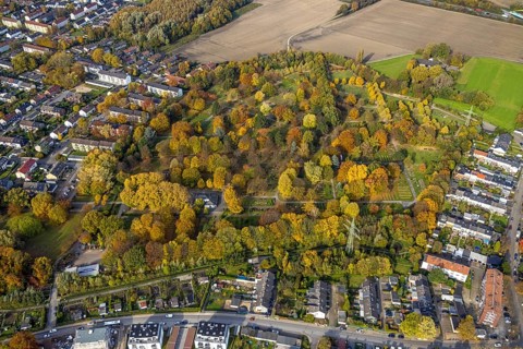 Aerial view, autumn colours at Brauck cemetery in the Brauck district of Gladbeck, Ruhr area, North