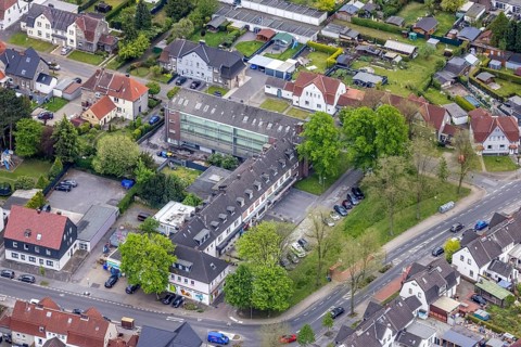 Aerial view, commercial centre Händelstraße, Zweckel, Gladbeck, Ruhr area, North Rhine-Westphalia,