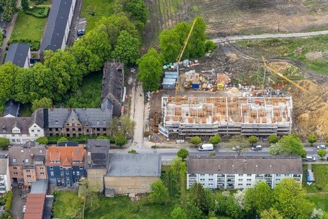 Aerial view, Schlägel und Eisen housing estate, construction site, new construction urban quarter
