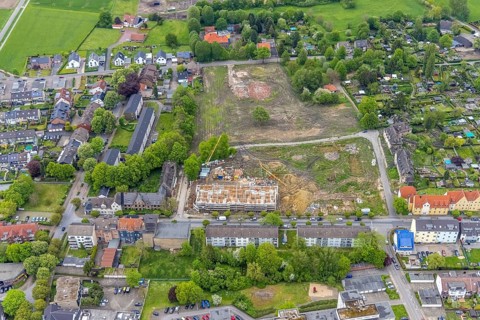 Aerial view, Schlägel und Eisen housing estate, construction site, new construction urban quarter