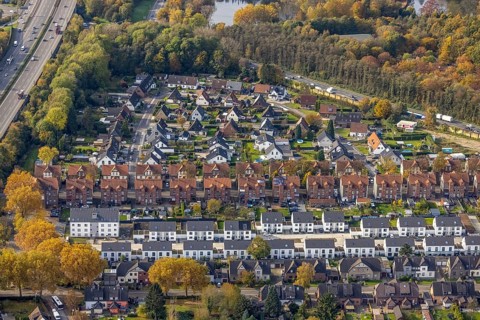 Aerial view, housing estates from three different eras: Colliery housing estate, detached houses