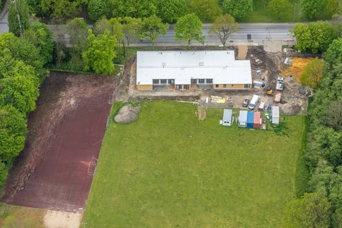 Aerial view, construction site and new building of modular kindergarten at Berliner Straße,