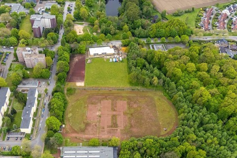 Aerial view, construction site and new building of modular kindergarten at Berliner Straße,