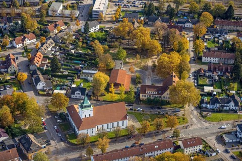 Aerial view, Christus König Church in the district of Rentfort in Gladbeck, Ruhr area, North