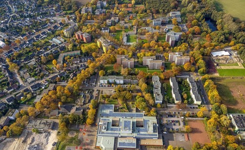 Aerial view, Ingeborg-Drewitz comprehensive school and high-rise housing estate Berliner Straße and