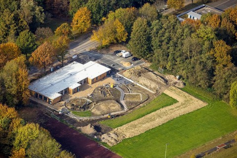 Aerial view, construction site with new building of a municip. Kindergarten Berliner Straße in the