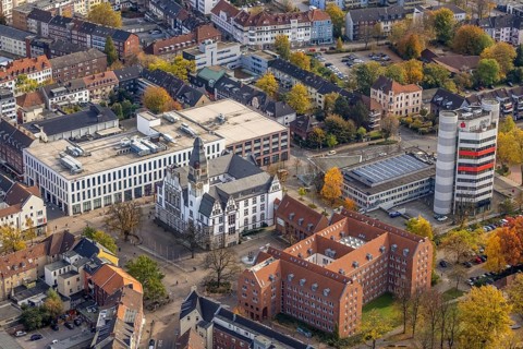 Aerial view, City Hall and Stadtsparkasse Gladbeck high-rise building in Gladbeck, Ruhr area, North