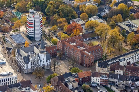 Aerial view, City Hall and Stadtsparkasse Gladbeck high-rise building in Gladbeck, Ruhr area, North
