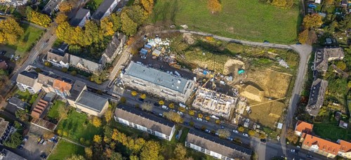 Aerial view, Schlägel und Eisen housing estate with construction site for the new construction of a