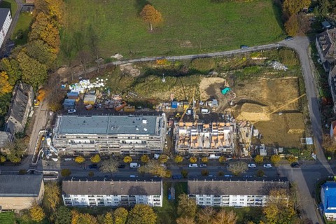Aerial view, Schlägel und Eisen housing estate with construction site for the new construction of a