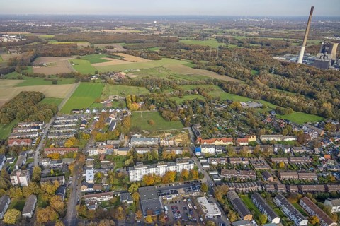Aerial view, Schlägel und Eisen housing estate with construction site for the new construction of a