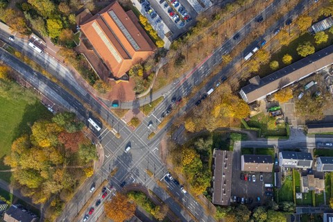 Aerial view, intersection Sandstraße and Konrad-Adenauer-Allee with red cycle path marking in