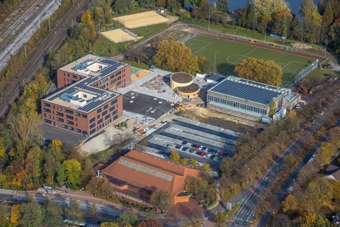 Aerial view, Heisenberg Gymnasium with solar roof and Artur Schirrmacher sports hall in Gladbeck,