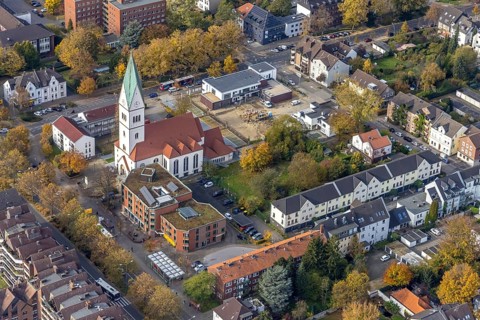 Aerial view, Christ Church and construction site with new kindergarten at the former Bonhoeffer