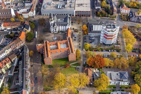 Aerial view, City Hall and Stadtsparkasse Gladbeck high-rise building in Gladbeck, Ruhr area, North