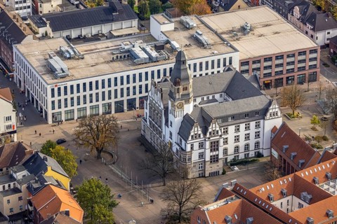 Aerial view, City Hall and Stadtsparkasse Gladbeck high-rise building in Gladbeck, Ruhr area, North