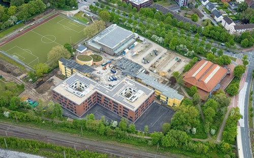 Aerial view, construction site and new building Heisenberg-Gymnasium, Gladbeck, Ruhr area, North