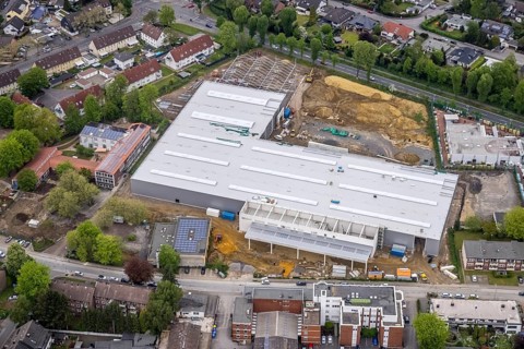Aerial view, construction site for DIY store with garden centre at Krusenkamp on former sports