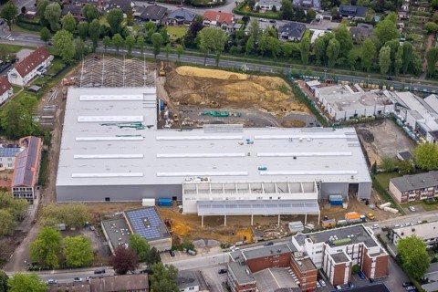 Aerial view, construction site for DIY store with garden centre at Krusenkamp on former sports