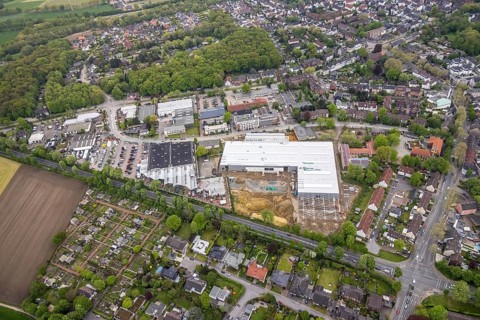 Aerial view, construction site for DIY store with garden centre at Krusenkamp on former sports