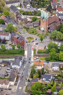 Aerial view, new bridge construction at Kardinal-Hengsbach-Platz, Herz-Jesu-Kirche, Zweckel,