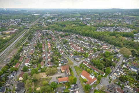 Aerial view, local view and catholic Christus König church, Rentfort, Gladbeck, Ruhr area, North