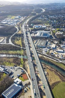Aerial view of the Lennetal bridge, motorway A45 Sauerlandlinie shortly in front of the lane shift,