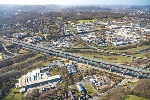 Aerial view of the Lennetal bridge, motorway A45 Sauerlandlinie shortly in front of the lane shift,