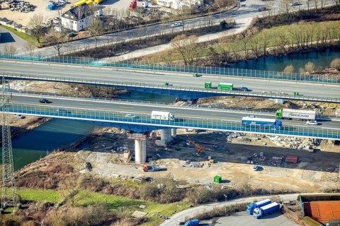 Aerial view of the Lennetal bridge, motorway A45 Sauerlandlinie shortly in front of the lane shift,
