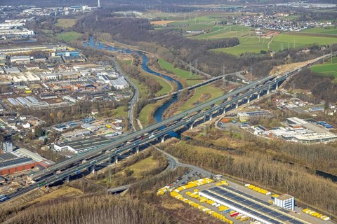 Aerial view of the Lennetal bridge, motorway A45 Sauerlandlinie shortly in front of the lane shift,