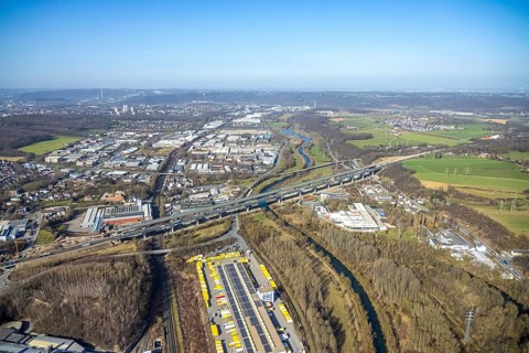 Aerial view of the Lennetal bridge, motorway A45 Sauerlandlinie shortly in front of the lane shift,