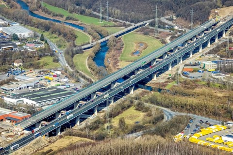 Aerial view of the Lennetal bridge, motorway A45 Sauerlandlinie shortly in front of the lane shift,